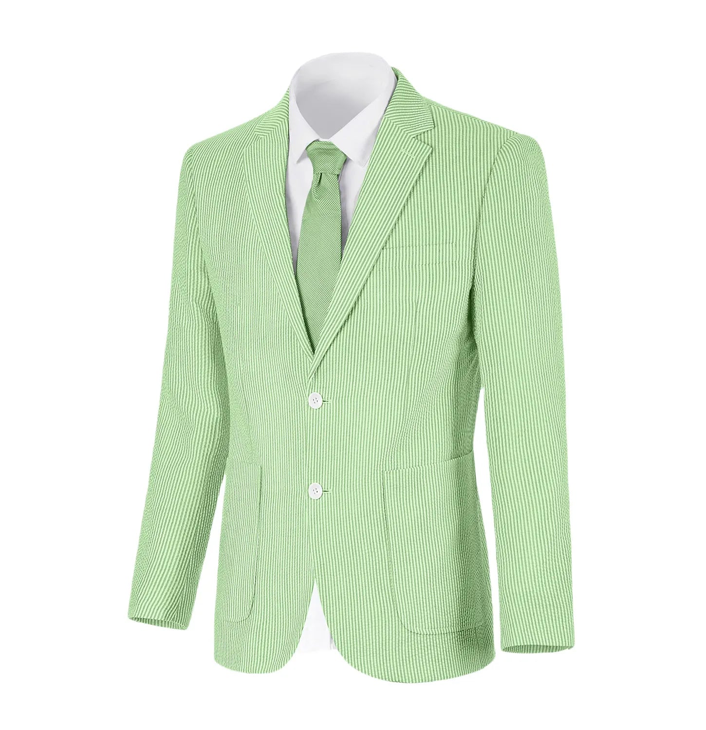 Green-and-white striped seersucker blazer with textured fabric, perfect for summer looks and outdoor events.