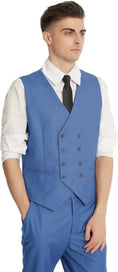 Load image into Gallery viewer, model wearing grey blue double-breasted vest with six buttons, paired with matching slim fit trousers – classic men's 3 piece suit style

