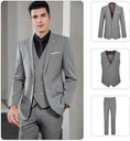 Load image into Gallery viewer, men's grey double-breasted suit set – formal three-piece attire with blazer, vest, and trousers styled with black shirt for elegant look
