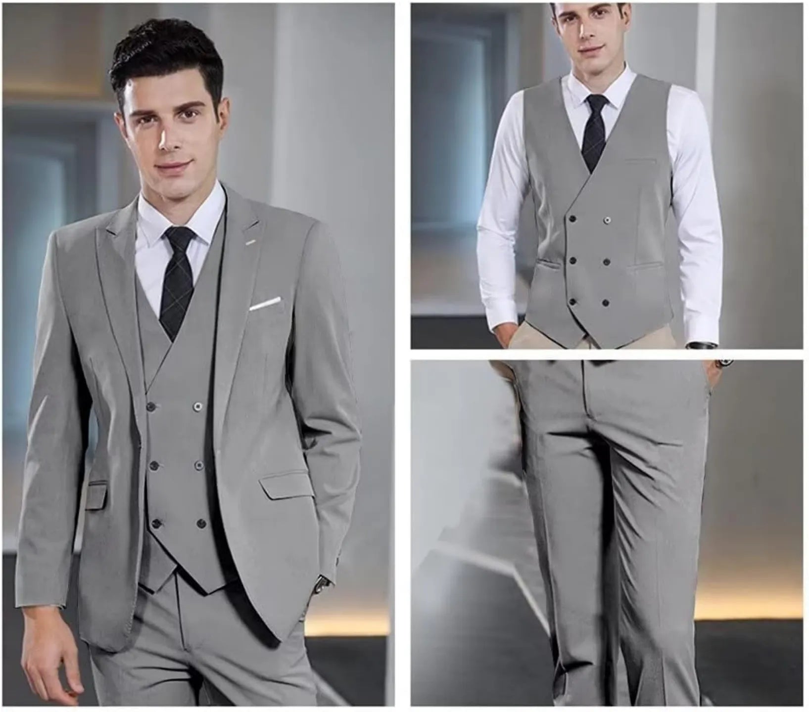 model wearing grey double-breasted 3 piece suit – includes tailored blazer, double-breasted vest, and slim trousers for men's classic attire