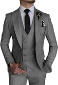 Load image into Gallery viewer, front view of men's grey double-breasted one-button 3 piece suit – slim fit blazer with vest and trousers for formal business or wedding
