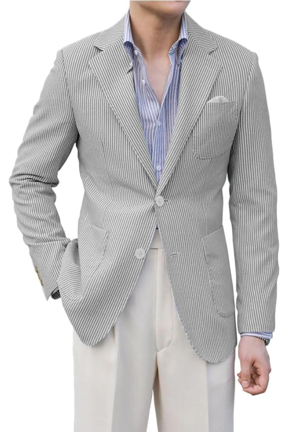 Grey striped seersucker jacket for men – lightweight casual summer blazer front view