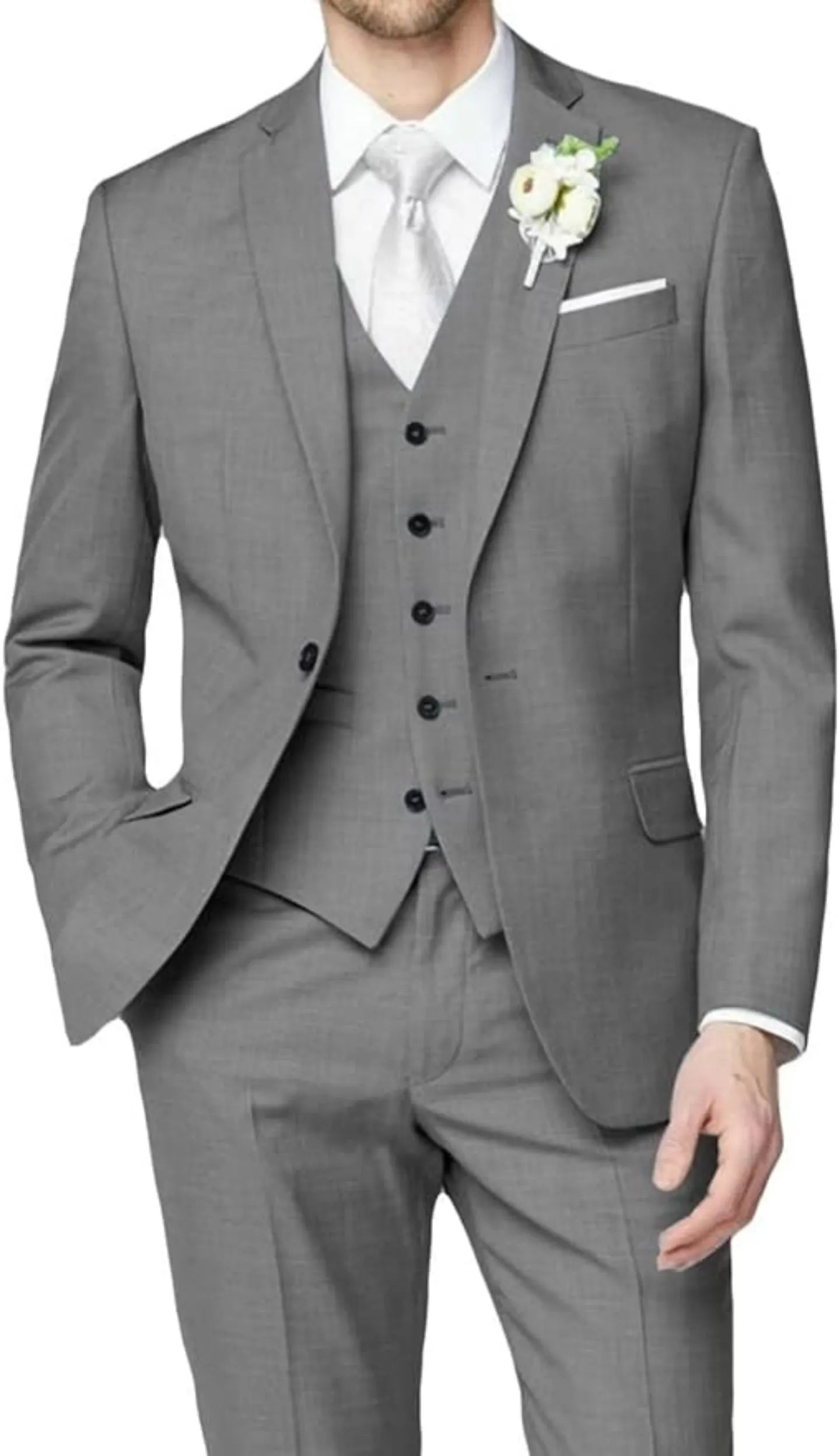 front view of grey wedding groomsmen 3 piece men's suit with tailored blazer, matching vest, slim trousers, white shirt, and silver tie with boutonniere