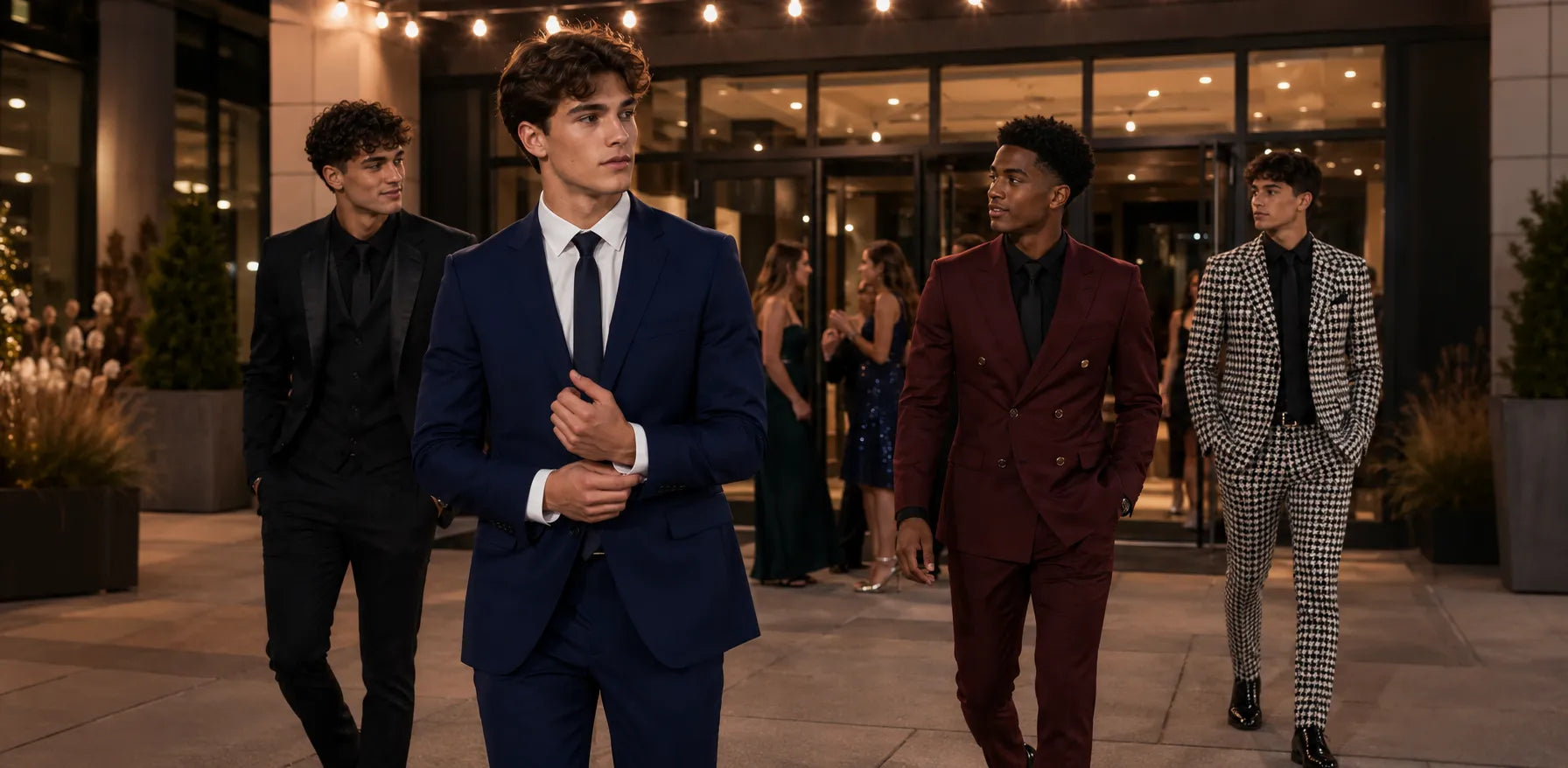 Four guys wearing navy, black, burgundy and houndstooth suits outside a Homecoming dance venue.