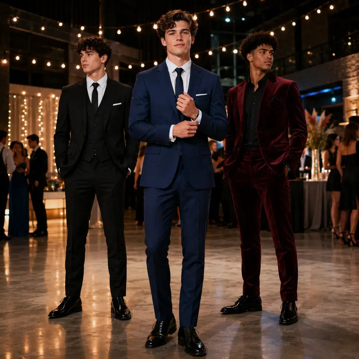 Three guys wearing a black three-piece suit, navy two-piece suit and burgundy velvet suit at a Homecoming dance.