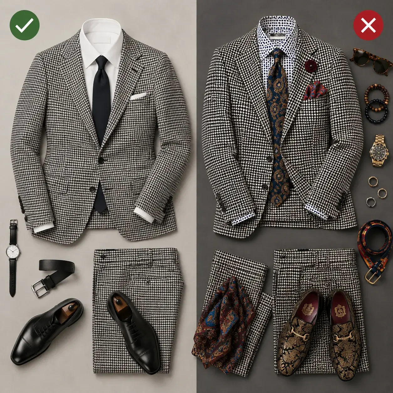 Flat lay comparison of a houndstooth suit styled correctly with simple accessories versus an outfit with clashing patterns and flashy details.