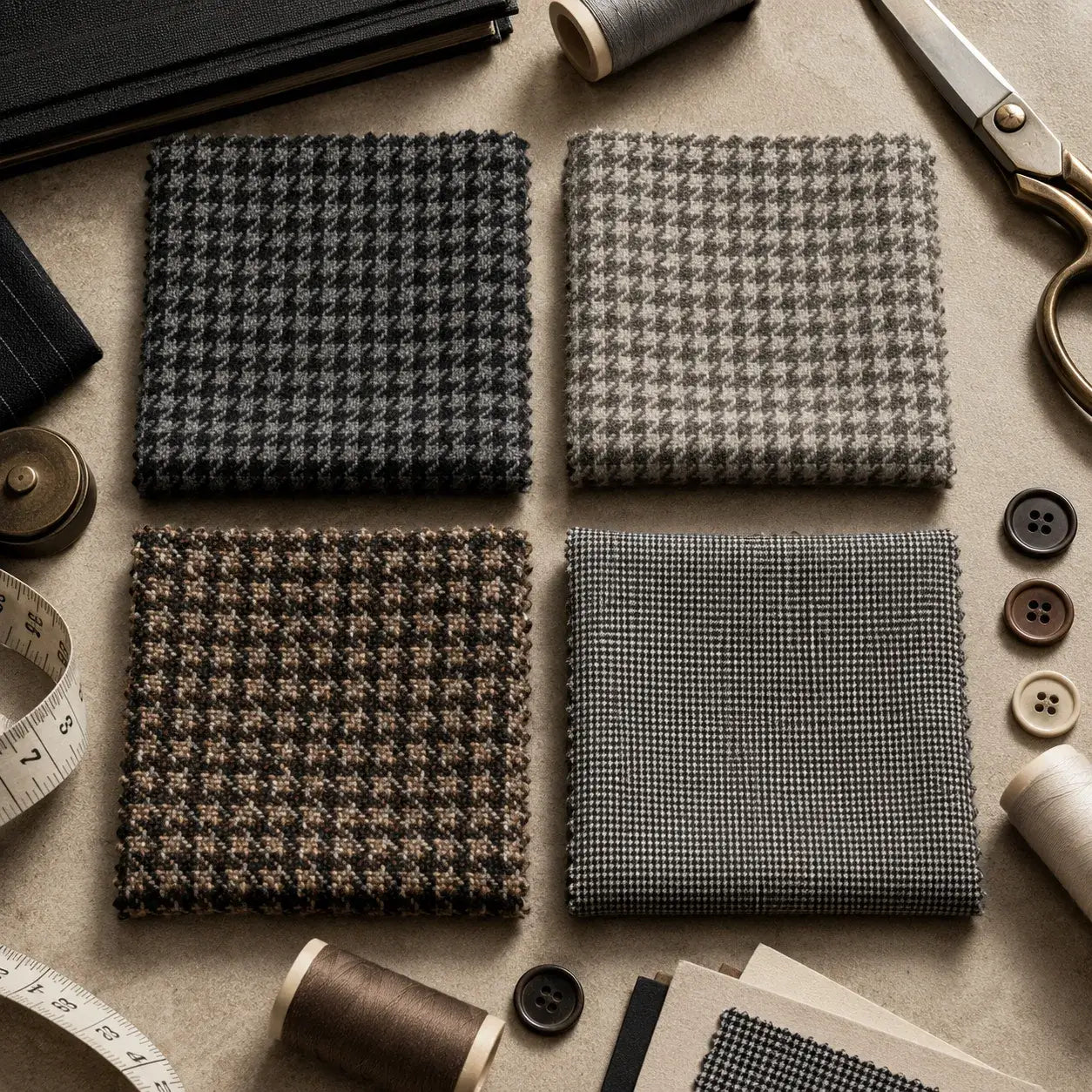 Flat lay of houndstooth suit fabric swatches showing wool, tweed, and lightweight suiting textures.