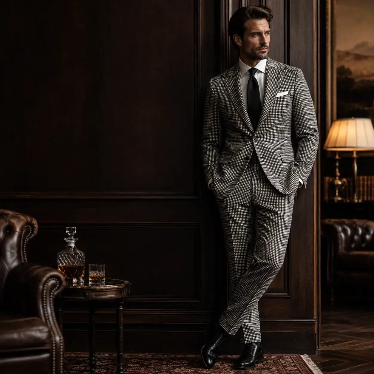 Man wearing a tailored houndstooth suit with a white shirt and dark tie in a luxury lounge interior.