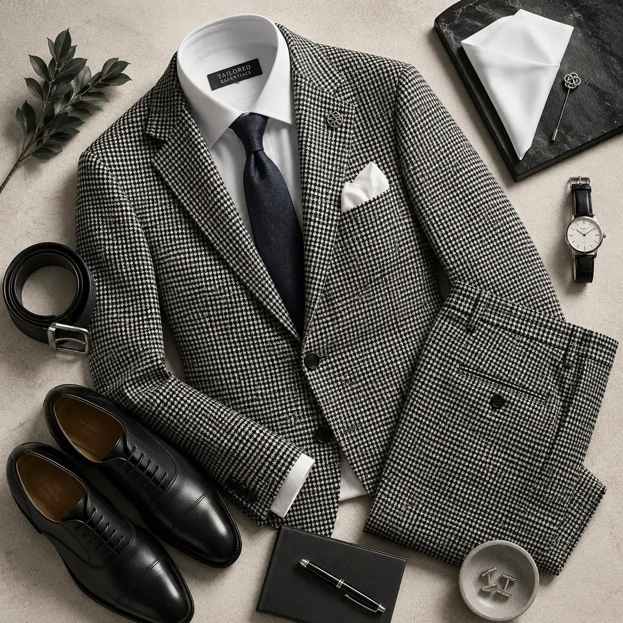 Menswear flat lay showing how to style a houndstooth suit with a dress shirt, tie, shoes, belt, watch, and pocket square.