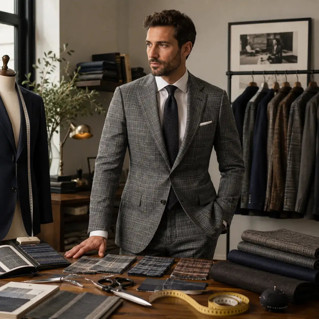 Man in a grey plaid suit with fabric swatches, measuring tape, and tailoring tools.