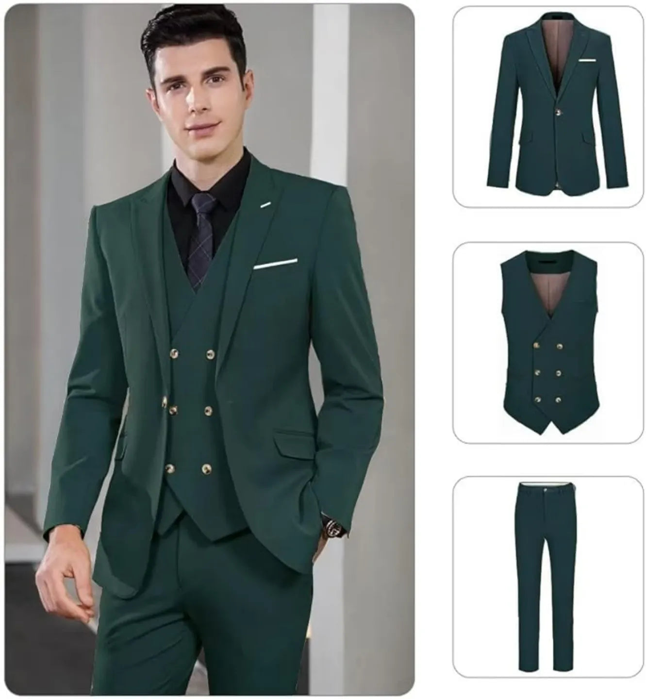 hunt green men's double-breasted one-button 3 piece suit displayed with blazer, vest and trousers – classic formal groom attire