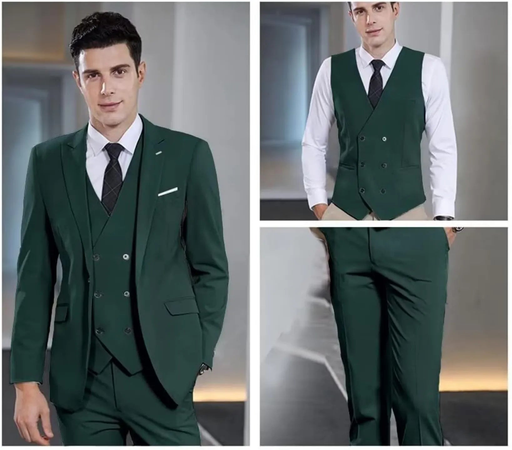model wearing hunt green double-breasted 3 piece men's suit showing blazer, vest and trousers for business and prom occasions