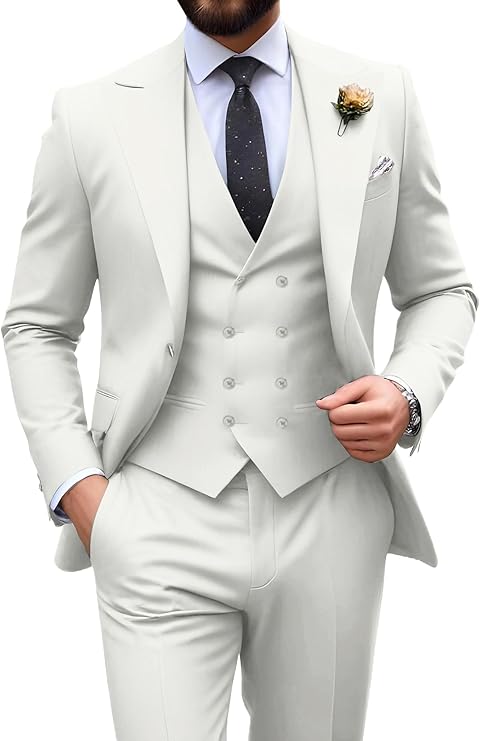 ivory slim fit 3 piece groom suit with peak lapel blazer, double breasted vest and pants for modern wedding style