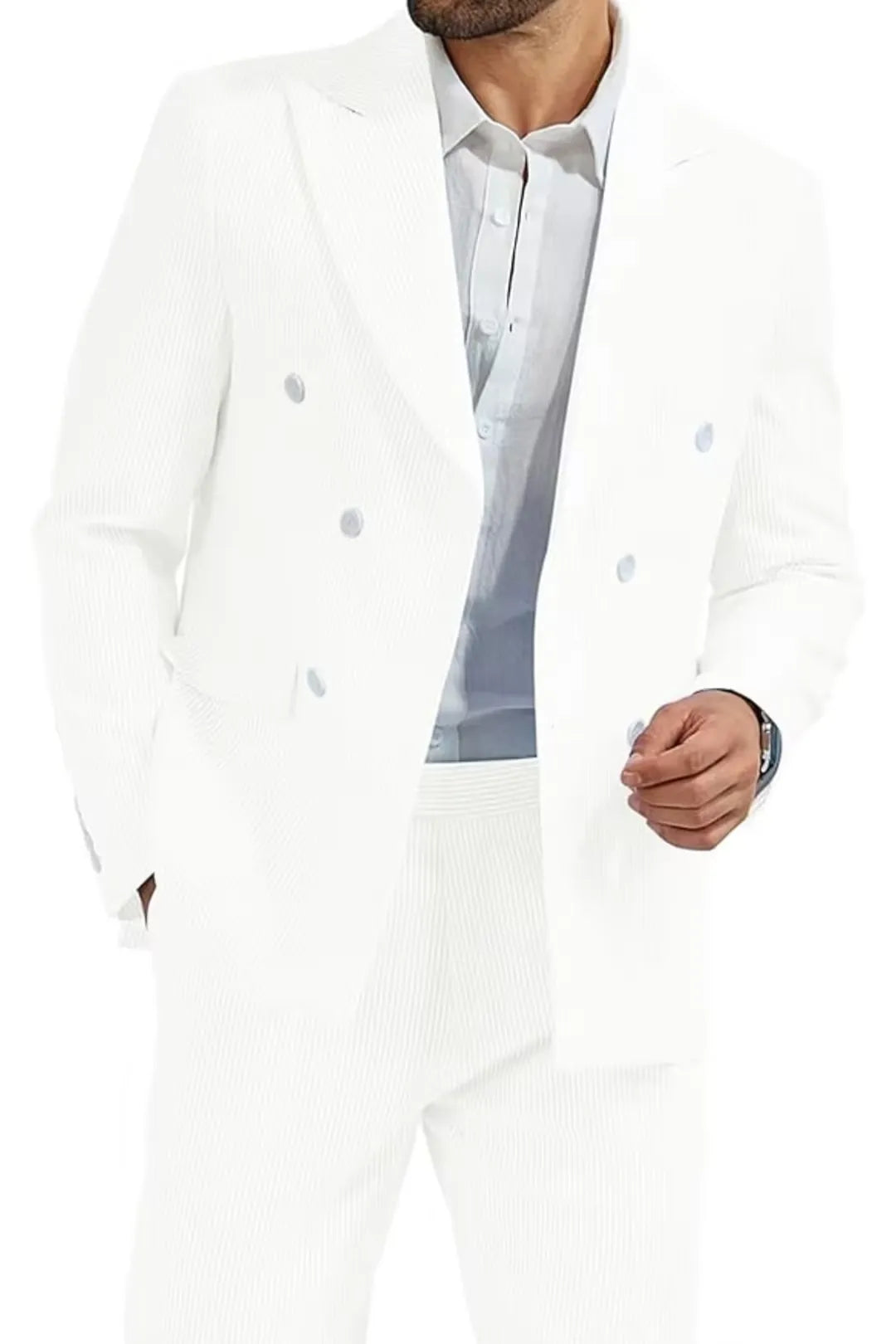 full-body view of ivory double-breasted seersucker suit, paired with matching trousers and a light blue shirt for a sharp, summery look.