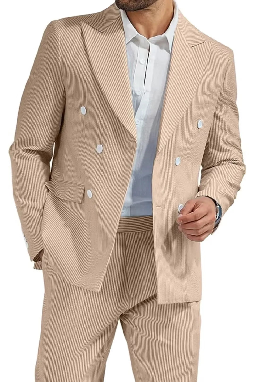 close-up of khaki double-breasted seersucker blazer with white buttons and sharp lapels.