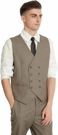 Load image into Gallery viewer, model wearing khaki double-breasted vest and trousers – sleeveless look styled with white shirt and black tie.
