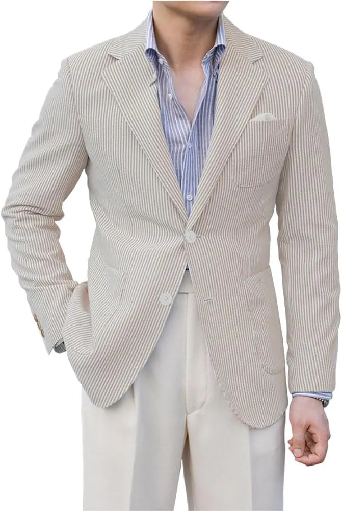 Khaki striped seersucker jacket for men – breathable summer blazer with casual style