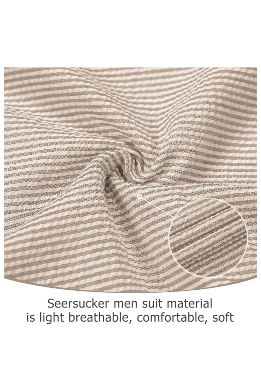 Close-up of khaki-and-white seersucker fabric texture with soft, breathable stripes for ultimate comfort.