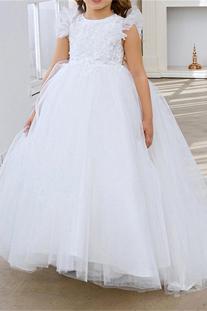 Wehilion lace applique flower girl dress with tulle skirt and floral details for special occasions