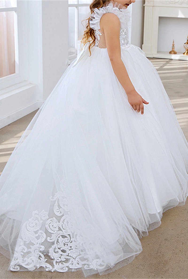 Wehilion lace applique flower girl dress in white with elegant frill and tulle train
