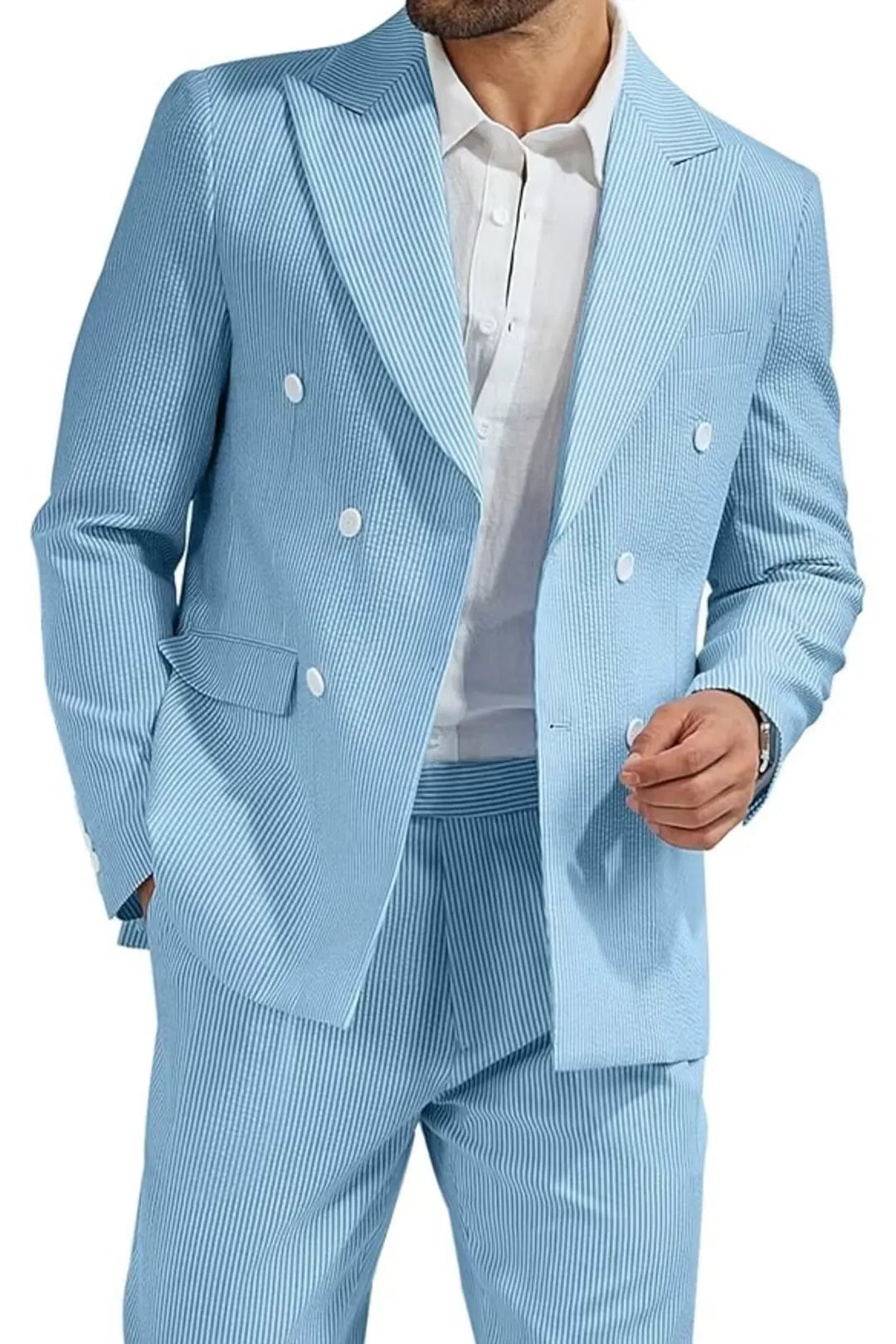 close-up of men's lake blue double-breasted seersucker suit, featuring white buttons and a textured striped fabric.