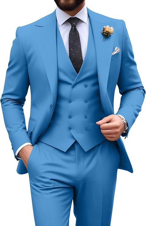lake Blue slim fit 3 piece groom suit with peak lapel blazer, double breasted vest and pants for modern wedding style