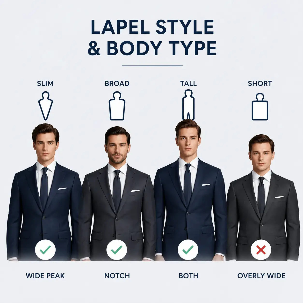 Minimal infographic showing slim, broad, tall, and short men with recommended suit lapel styles including peak and notch lapels.