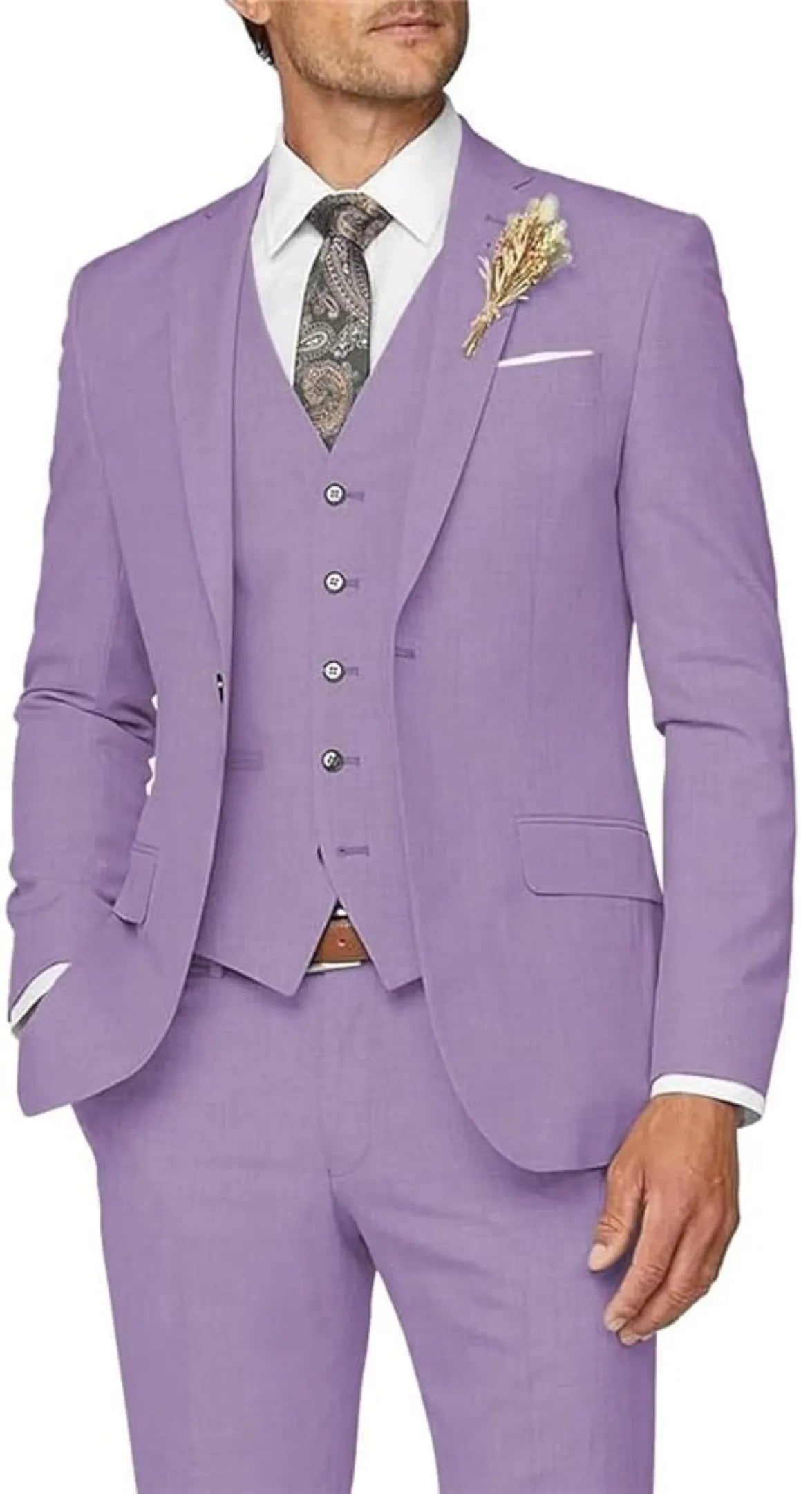 formal business wedding groom prom party 3 piece men's suit - lavender slim fit with paisley tie & floral lapel pin