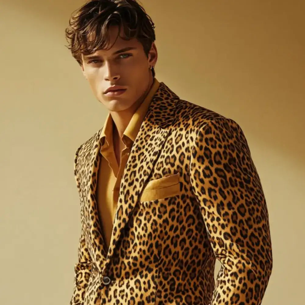 Square editorial image of an adult male model in a leopard print suit, used for a men's leopard suit styling guide card.