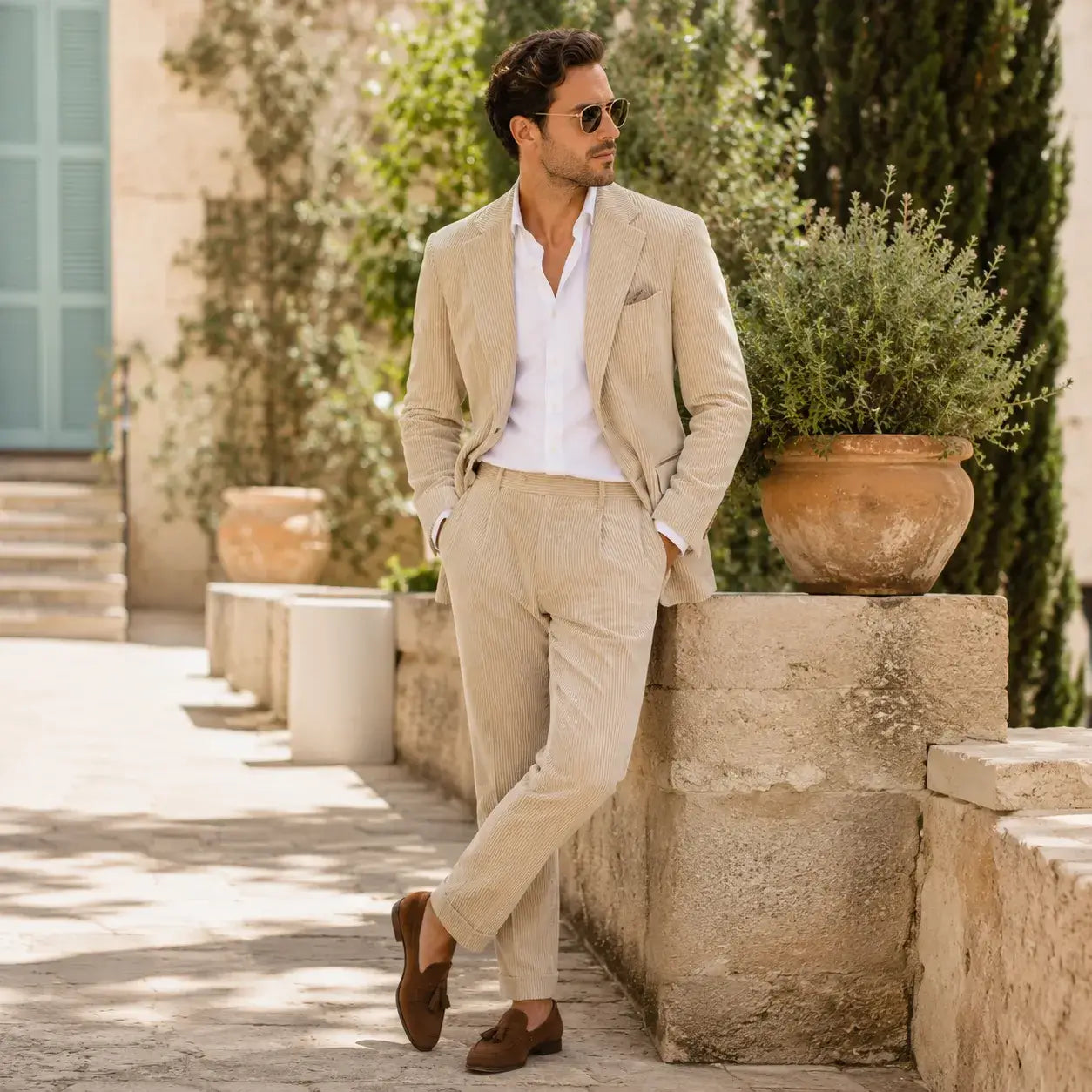 Man wearing a light beige corduroy suit with an open collar shirt and loafers for spring and summer style.