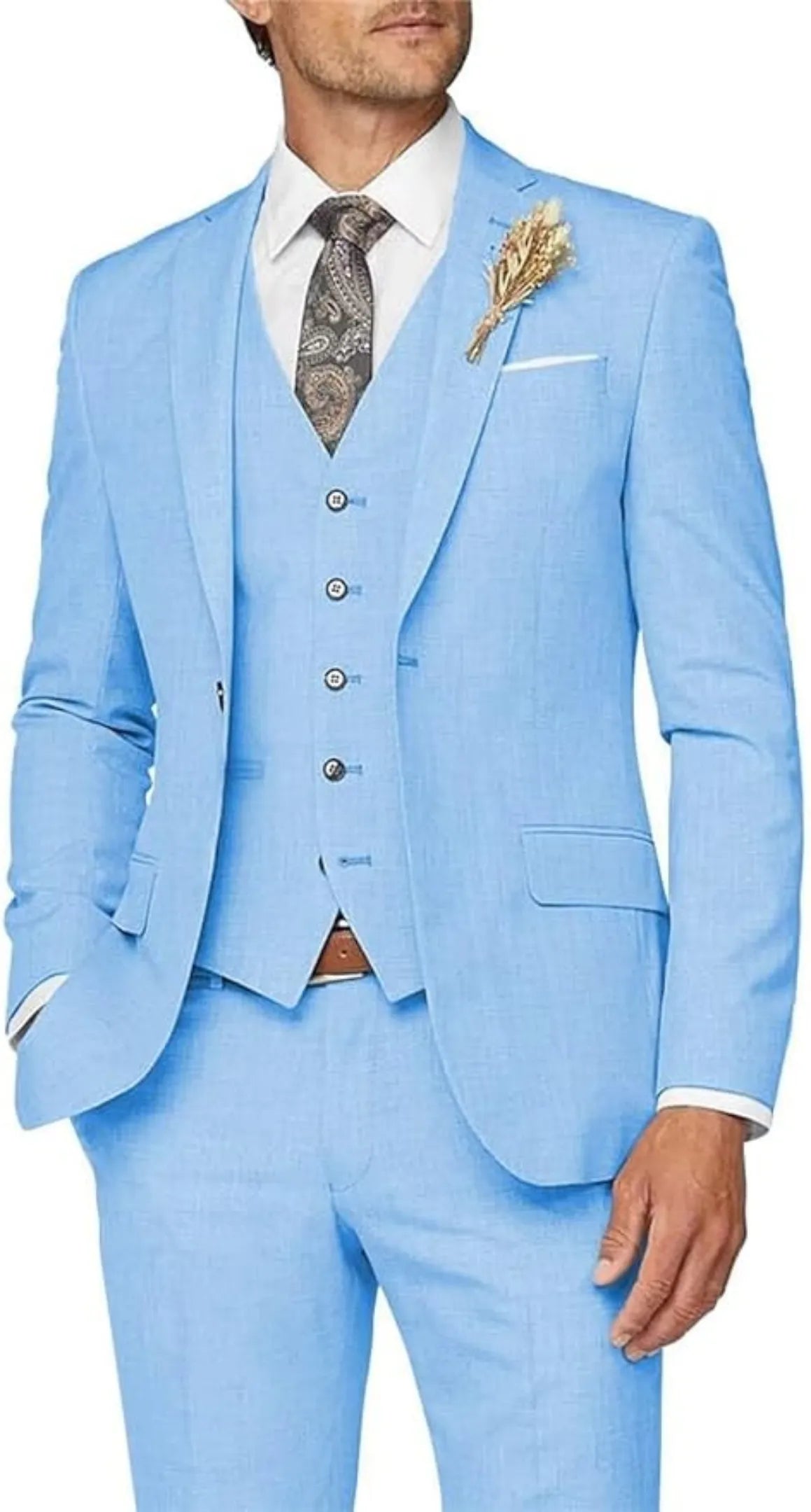 formal business wedding groom prom party 3 piece men's suit - light blue slim fit with paisley tie & floral lapel pin