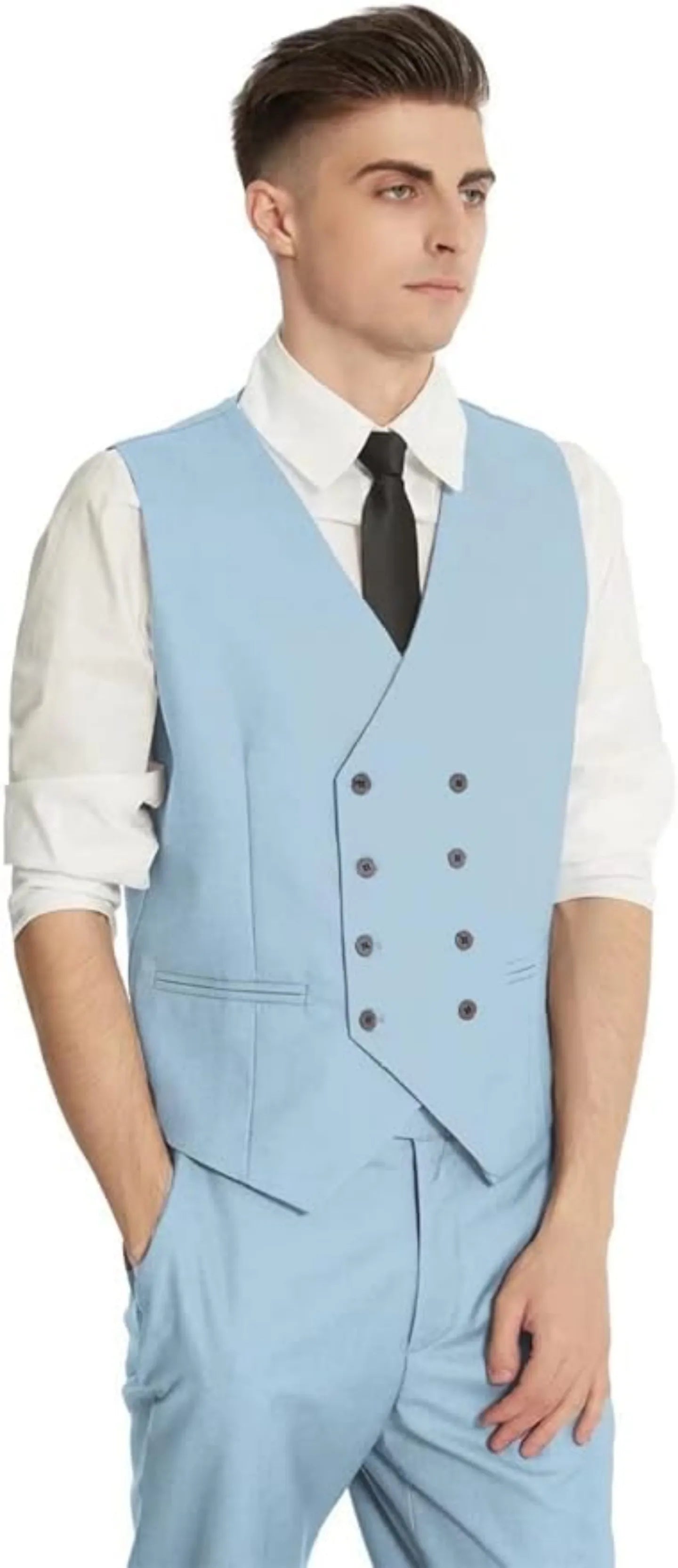 light blue men's vest from double-breasted 3 piece suit – paired with white shirt and black tie