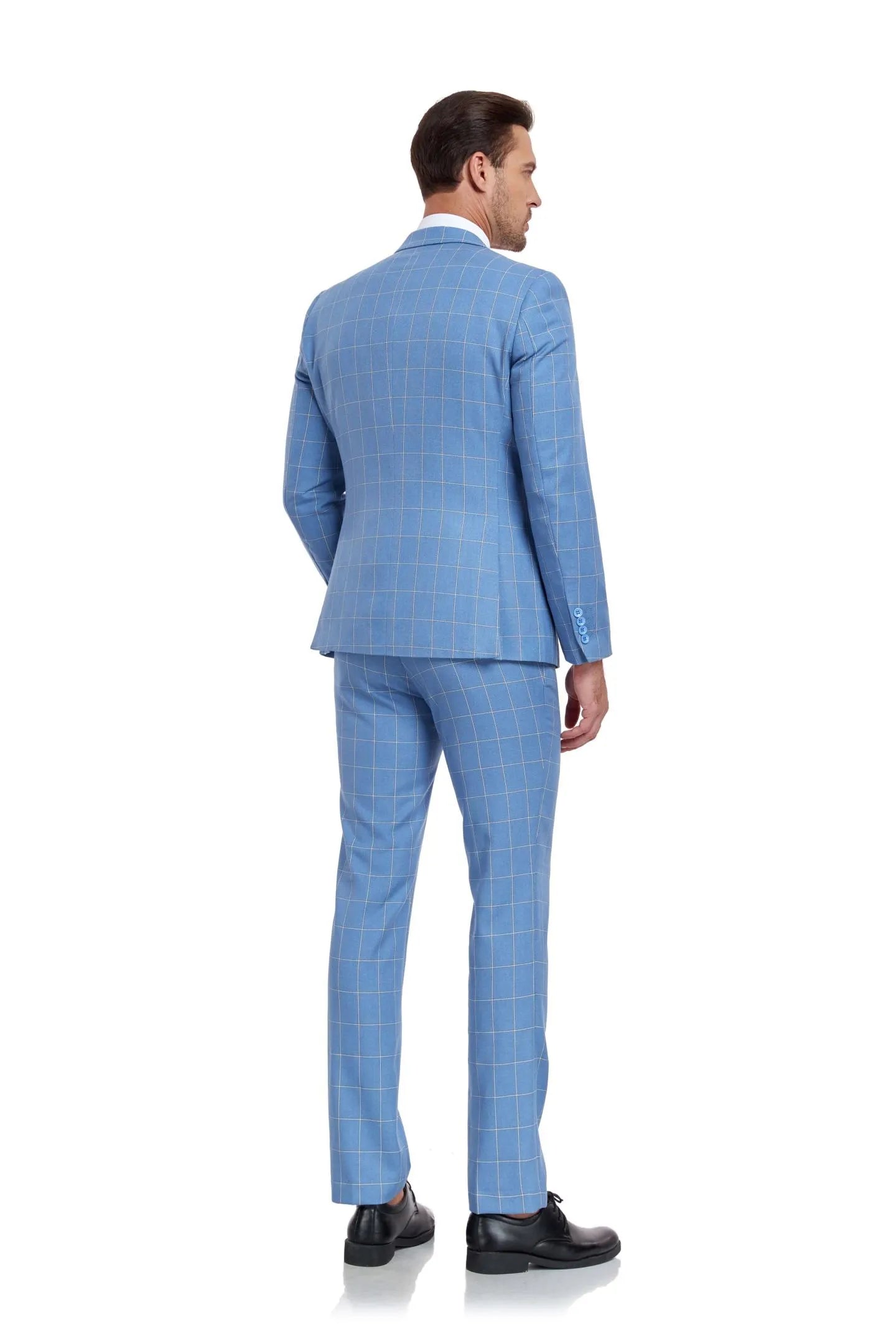 back view of light blue slim fit 3-piece plaid suit set – model showing jacket and trousers