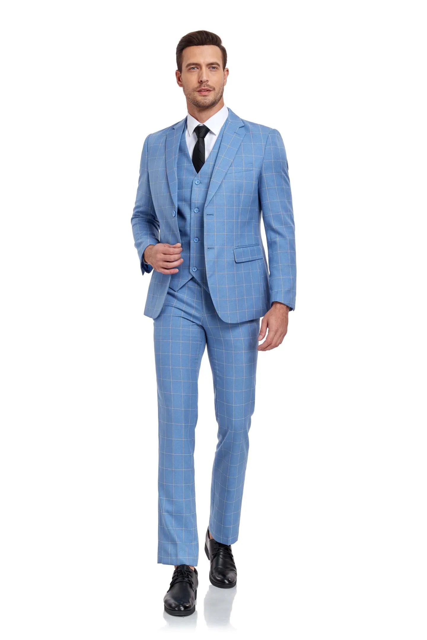 full-body view of light blue slim fit 3-piece plaid suit set – model walking with black shoes