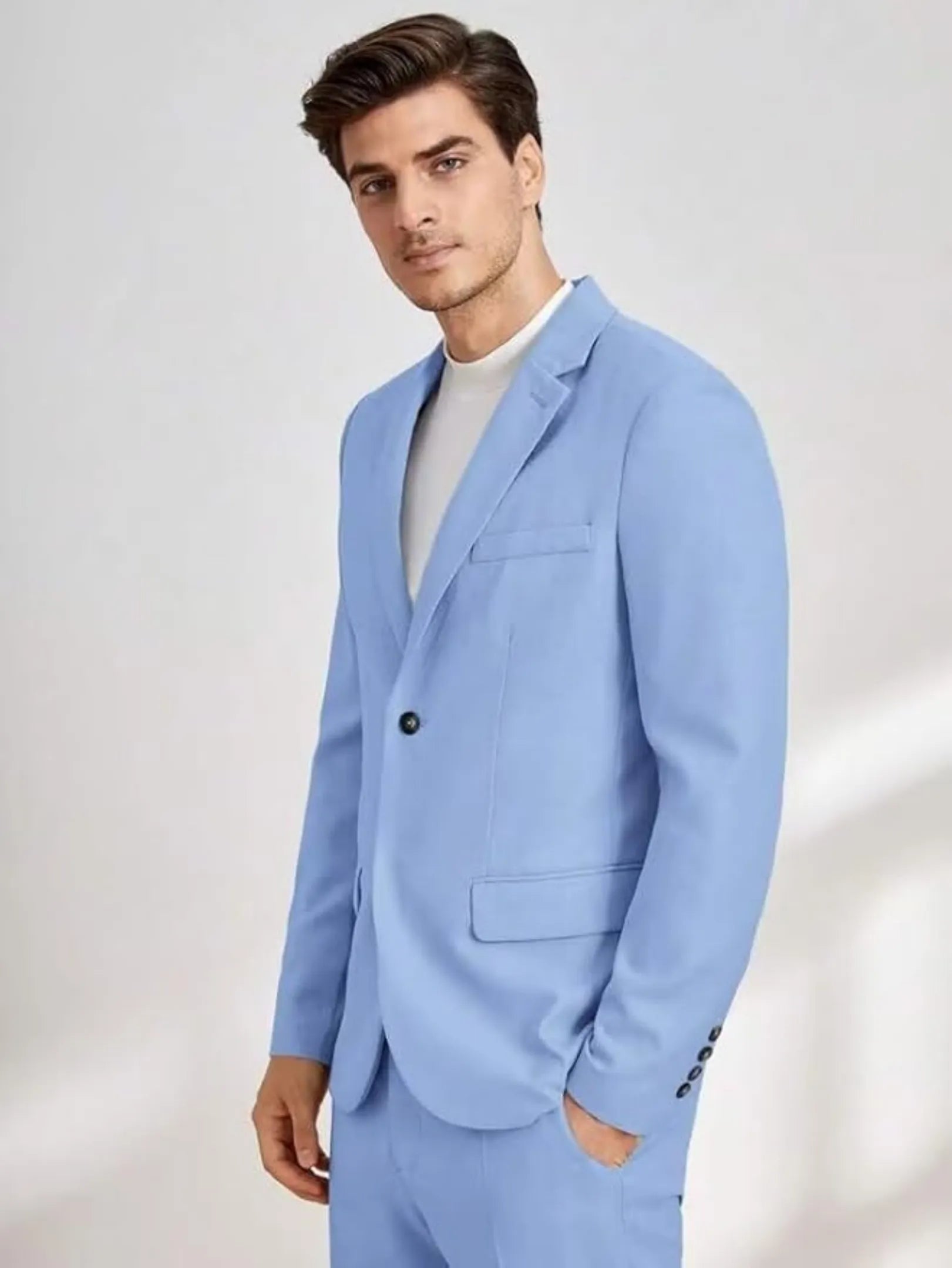 front close-up of light blue slim fit groom blazer with notch lapel and casual style