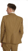 Load image into Gallery viewer, back view of men's light brown formal double-breasted suit jacket and slim trousers – tailored 3 piece attire for weddings and business events
