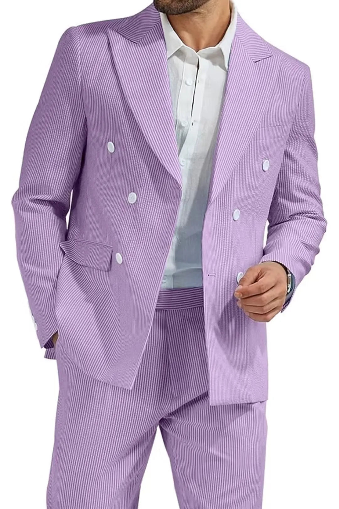close-up of light purple double-breasted seersucker blazer with white buttons, perfect for summer events.