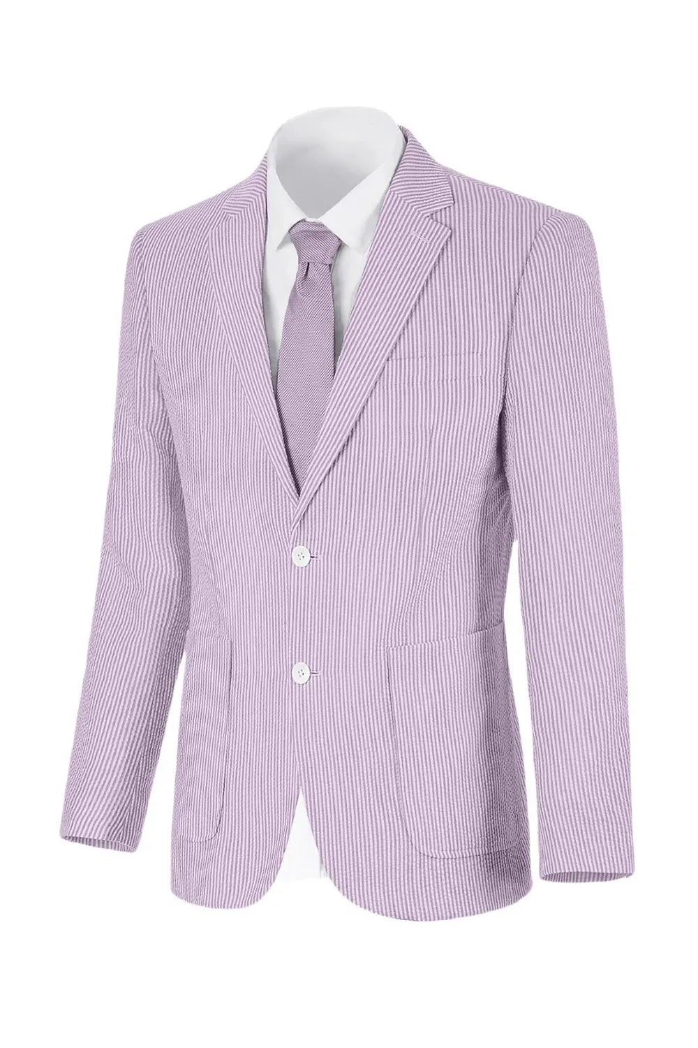 Light purple and white striped seersucker blazer with notched lapel and white buttons displayed on mannequin.