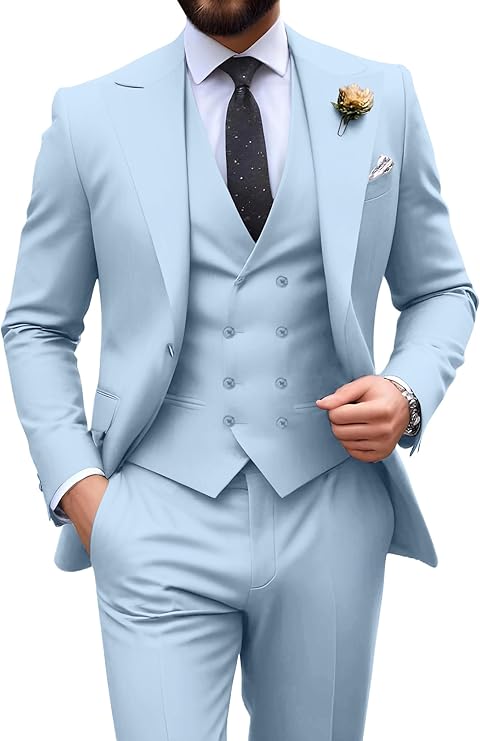 Men’s light blue tuxedo set with tailored fit blazer, formal vest, and dress pants – ideal for casual weddings or prom
