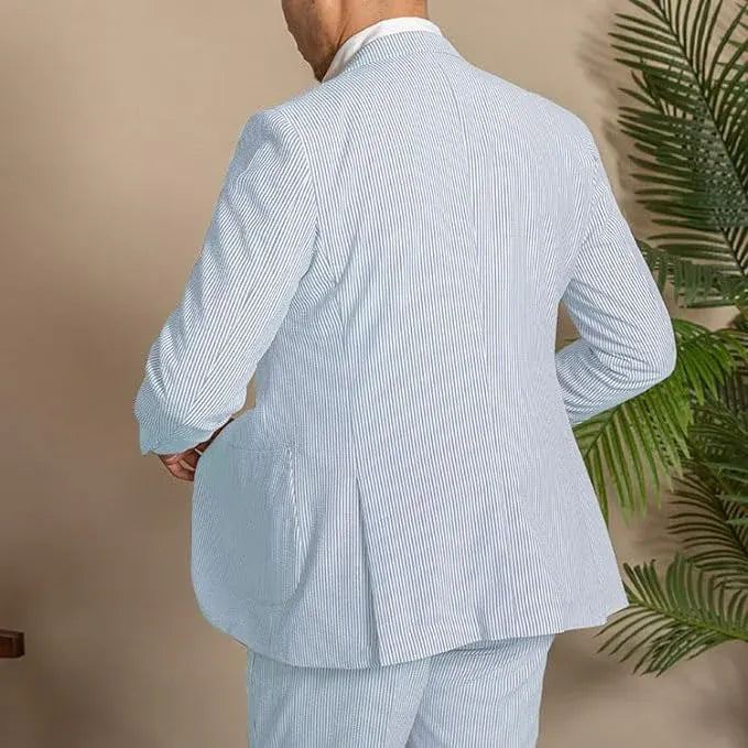 rear view of men's light blue striped seersucker blazer from 2 piece summer shorts suit