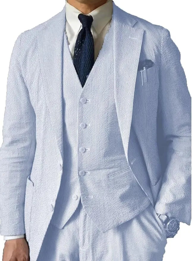Light blue seersucker wedding suit for men – 3 piece summer blazer vest set