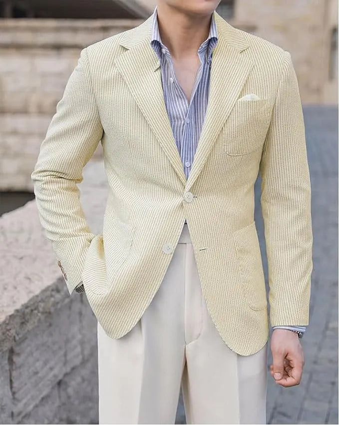 Lightweight yellow striped seersucker jacket for men – relaxed summer outfit styling