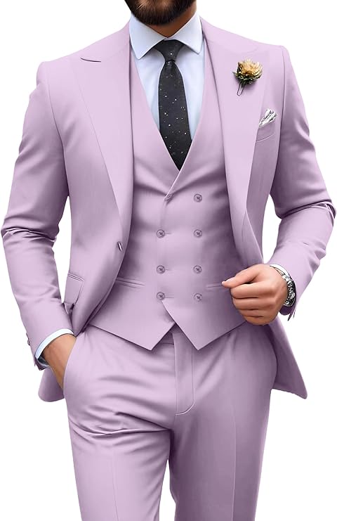 Men’s lilac tuxedo set with tailored fit blazer, formal vest, and dress pants – ideal for casual weddings or prom