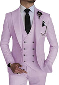 Load image into Gallery viewer, front view of men's lilac double-breasted 3 piece suit – slim fit blazer, vest, and trousers with black tie

