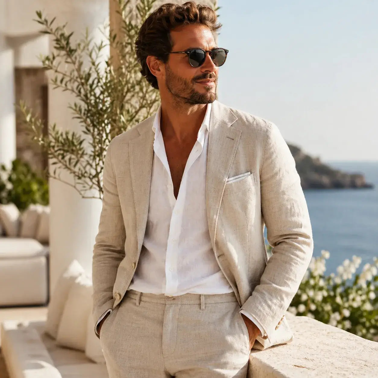 Linen suit for men styled with a white shirt for beach weddings, vacations and summer events.