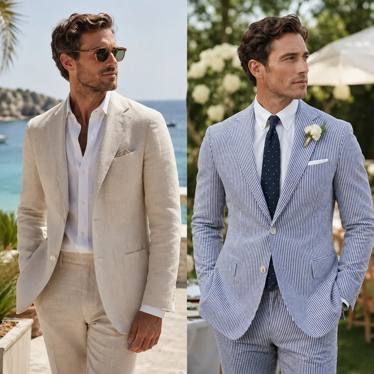 Linen suit vs seersucker suit comparison for men's summer weddings, beach events and garden parties.