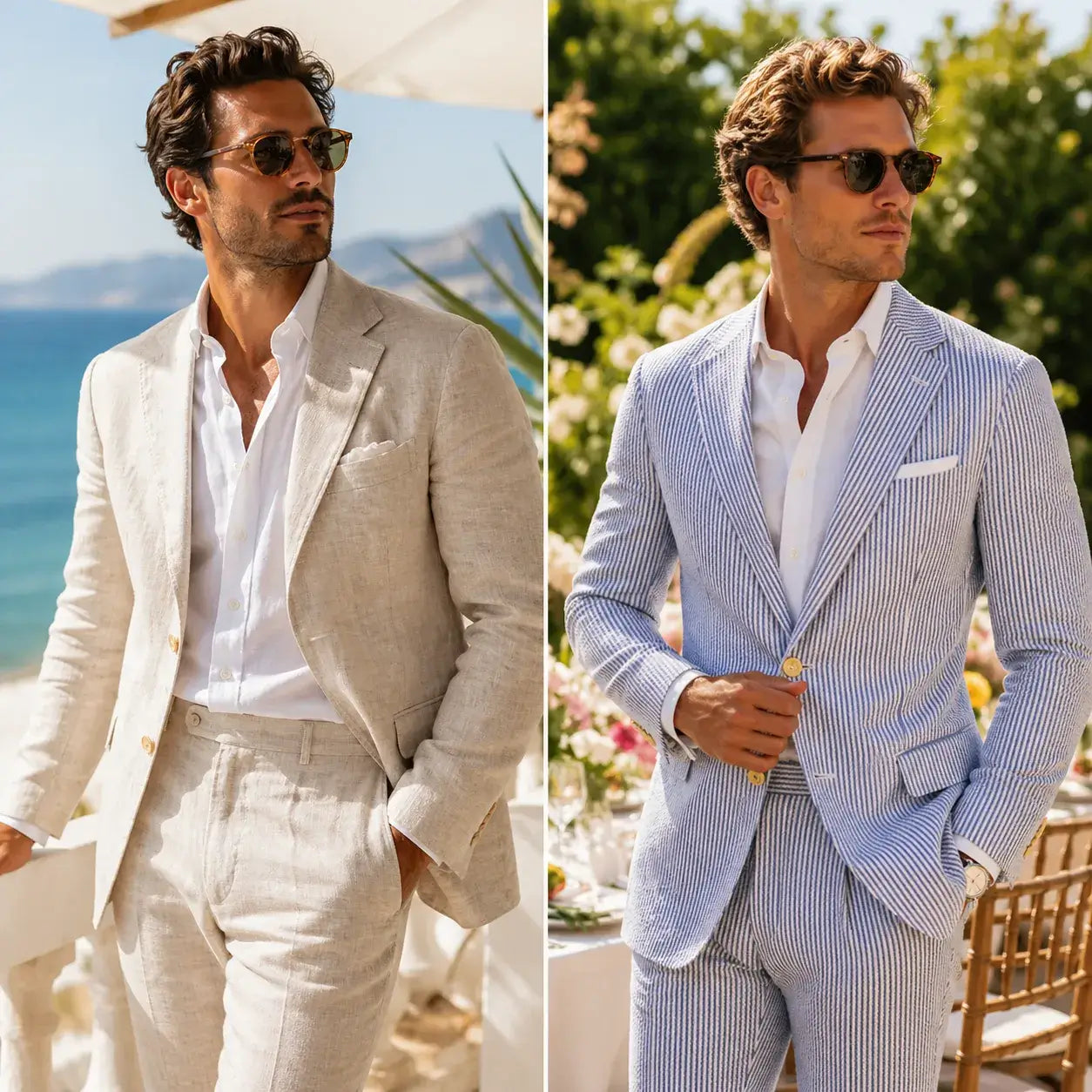Linen suit and seersucker suit comparison for men's hot weather summer style.
