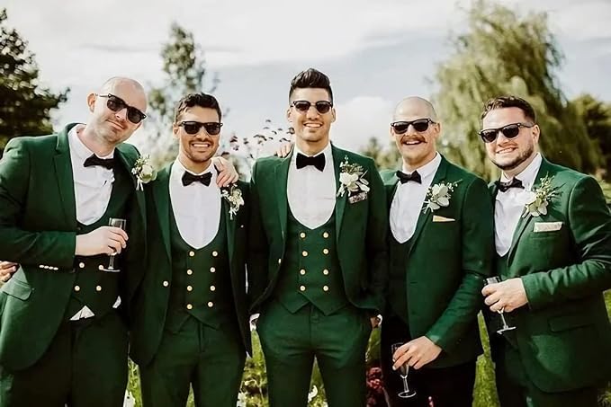 Groomsmen in emerald green 3-piece suits with gold buttons, black bow ties and floral boutonnieres at outdoor wedding
