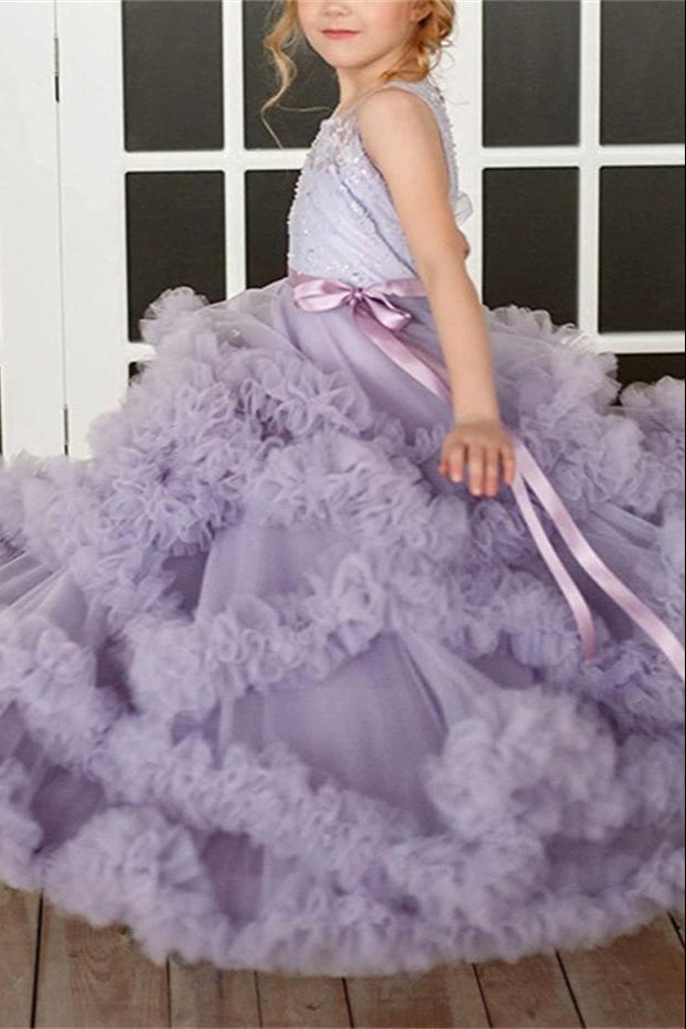 Flower Girl Dresses for Wedding Lace Puffy Pleated Tulle Pageant Princess Gown