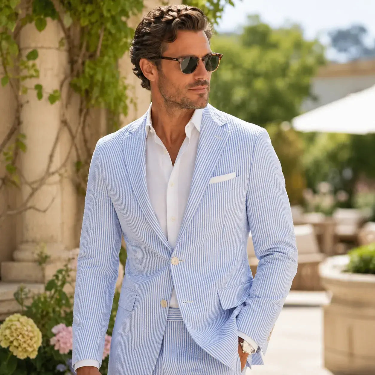 Men's blue seersucker suit with white shirt for summer weddings and outdoor garden events.